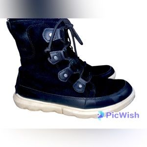 SOREL Black Suede Waterproof Explorer Joan Faux Fur Booties